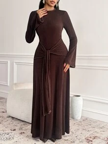 Veilorie Women's Beaded Decor Tie-Up Arabian Dress - Brown - View 4