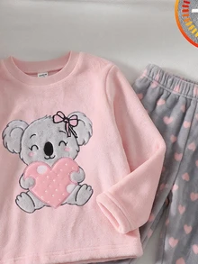 2件組女童幼兒時尚卡通考拉與愛心印花長袖刷毛睡衣套裝，冬季法蘭絨睡衣套裝，蝴蝶結睡衣套裝，女童居家休閒服套裝 - 藕粉色 - 查看 7