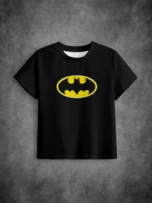 BATMAN X SHEIN 小男孩時尚印花圓領短袖T恤，休閒款 - 白色 - 查看 4