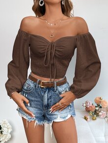 SHEIN VCAY 女款純色露肩前綁帶長袖襯衫 - 棕色 - 查看 5
