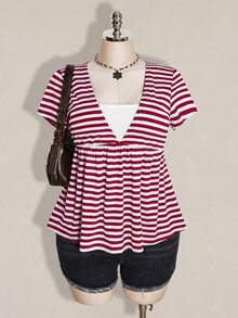 SHEIN ICON 女款大尺碼復古性感千禧風Y2K簡約休閒日常通勤街頭風黑灰條紋深V領二合一上衣 - 紅色 - 查看 5