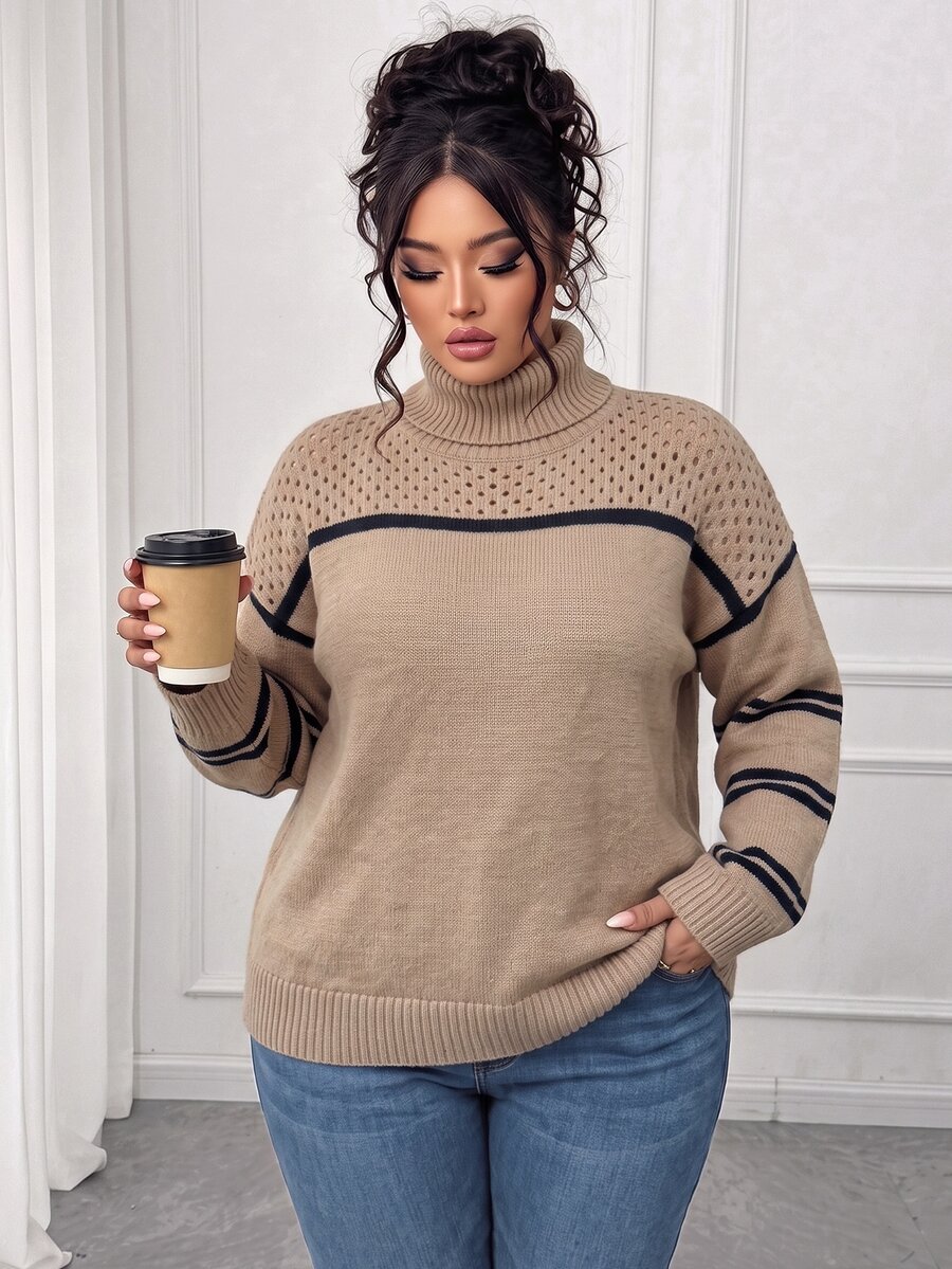 Elenzga Plus Size Autumn/Winter Pullover Sweater, High Neck Hollow Out Patchwork Color Block Striped Slouchy Knit Cardigan - Apricot - View 1