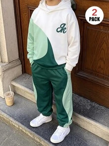 SHEIN 大童男孩字母圖案拼色秋季連帽衛衣與運動長褲套裝 - 卡其色 - 查看 3