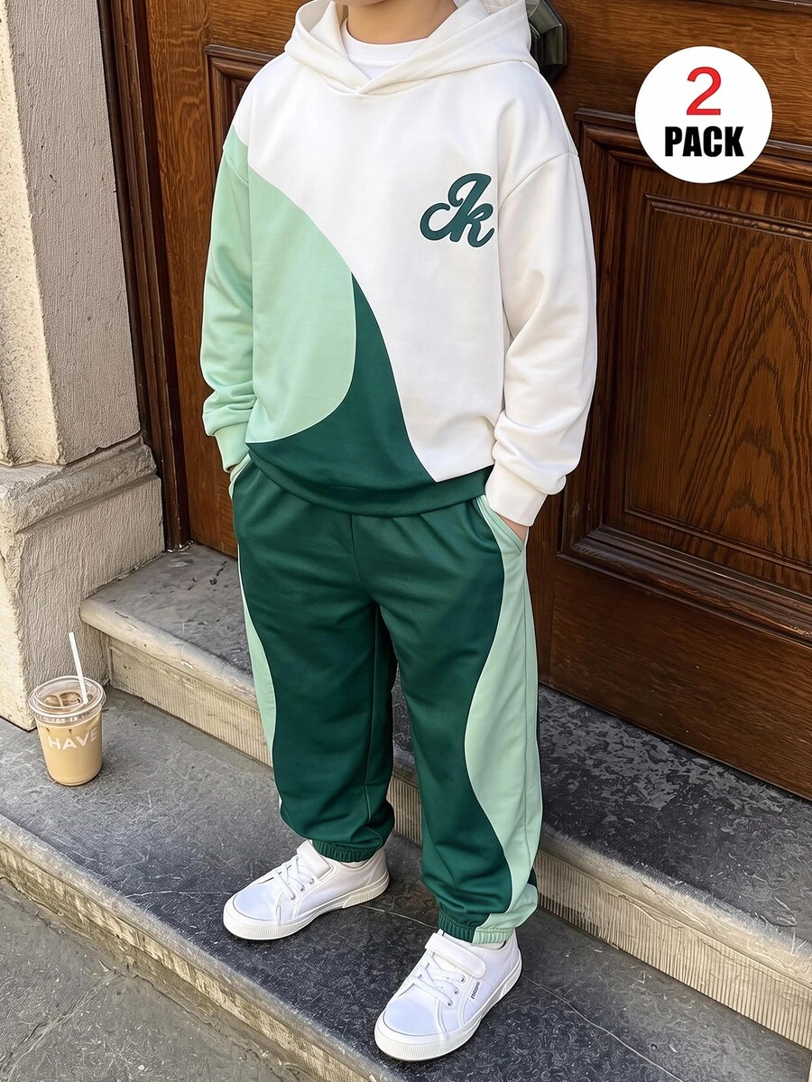 SHEIN Set Hoodie dan Celana Olahraga Anak Laki-Laki Remaja dengan Grafis Huruf dan Blok Warna Musim Gugur - Khaki - View 1