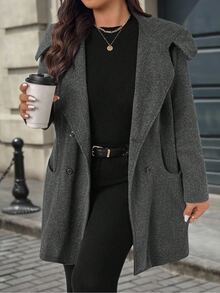SHEIN LUNE CURVE Plus Double Breasted Hooded Overcoat - Black - View 4