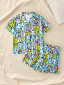 SpongeBob SquarePants | SHEIN Plus Size Men's Cartoon Print Top And Shorts Pajama Set - Green - View 1