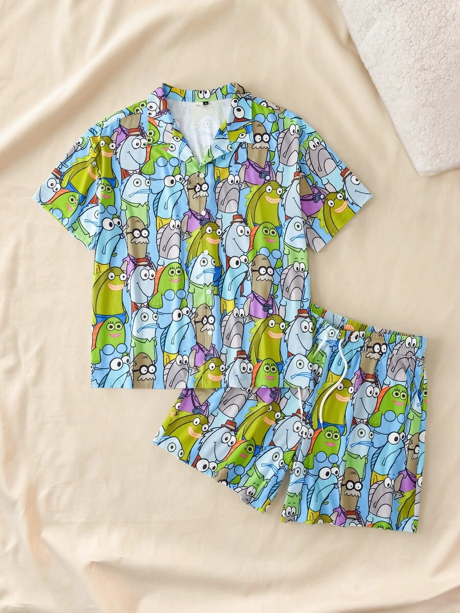 SpongeBob SquarePants | SHEIN Plus Size Men's Cartoon Print Top And Shorts Pajama Set - Green - View 1