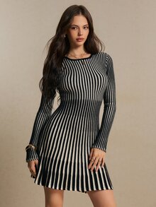 Poéselle Women's Striped Crew Neck Long Sleeve Casual Knit Dress - Black and White - View 5