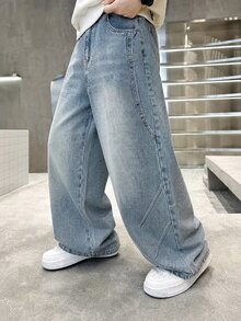 2026NewTween Boys All-Season American Vintage Personalized Frayed Hem High Street Embroidered Washed Soft Denim Loose Curved Leg Pants Versatile Daily - Medium Wash - View 4