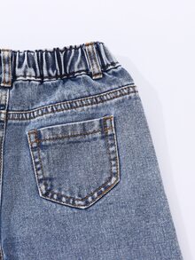 SHEIN Elladie kids Young Sweet Girls' Colorful Heart Patch Embroidered Jeans, Side Detail Elastic Waist Long Pants - Light Wash - View 6
