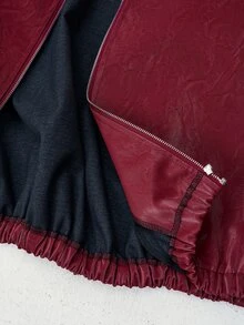 Bohemela Women's Solid Color PU Leather Drop Shoulder Long Sleeve Zipper Front Casual Regular Fit Jacket - Burgundy - View 8