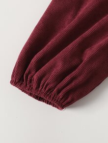 SHEIN Tween Girl Tween Girl Autumn/Winter Large Collar Ditsy Floral Patchwork Corduroy Ruched Full Skirt Puff Long Sleeve Dress Burgundy Casual Vacation Elegant Girls Dress Christmas New Year Dress - Burgundy - View 5