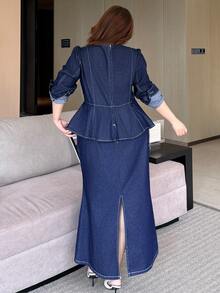 Dazy Plus Vintage Solid Color Washed Long Sleeve Patchwork Hem Long Denim Dress Elegant - Dark Wash - View 2