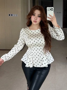 Dazy Plus Early Autumn New Korean Style Polka Dot Cinched Cinched Waist Pleated Long Sleeve Blouse - Apricot - View 6