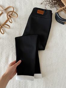 SHEIN 青少年女孩黑色純色冬季內搭褲，簡約舒適 - 黑色 - 查看 3