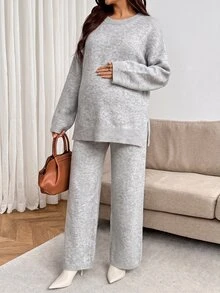 SHEIN Maternity Solid Color Crew Neck Side Slit Hem Sweater And Adjustable Waist Knit Long Pants Casual Set Winter - Light Grey - View 5
