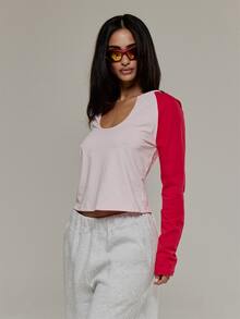 MUSERA Scoop Keyhole Front Fitted Contrast Colour Raglan Top Autumn Winter Fall Cute Basics Sexy Going Out Street Style - Multicolor - View 4