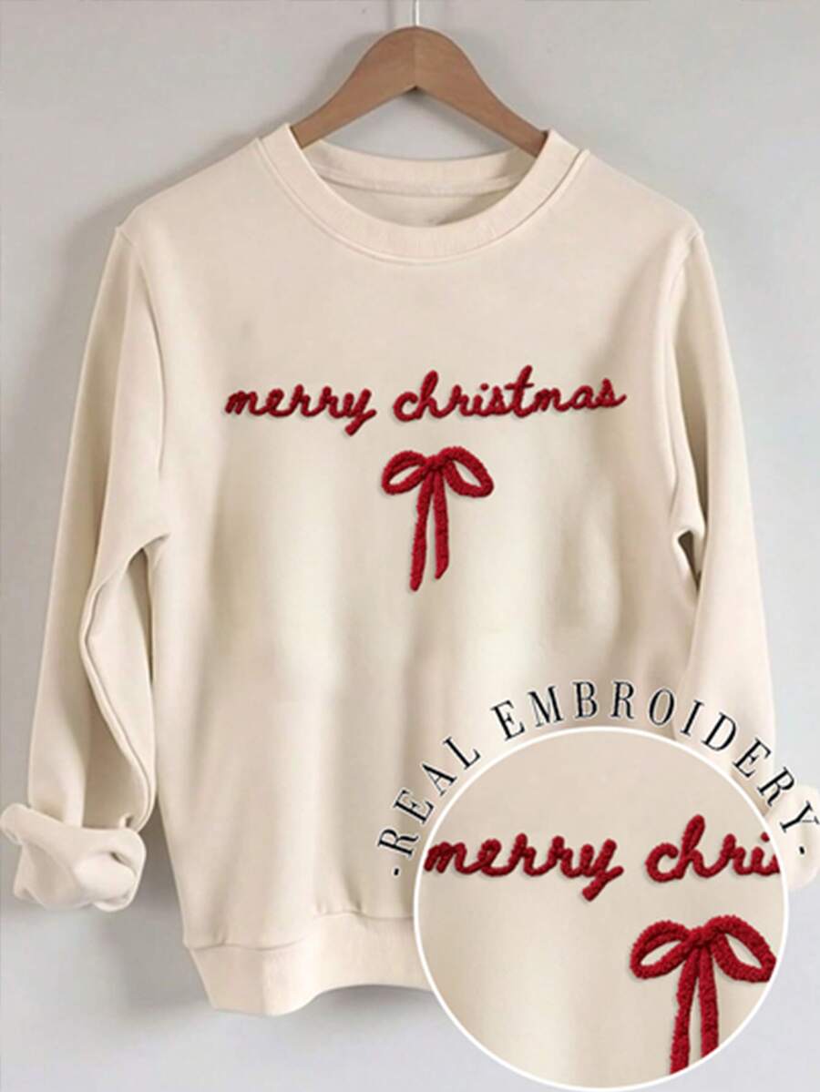 EMERY ROSE 秋冬款「Merry Christmas」落肩休閒運動上衣,蝴蝶結設計運動上衣,基督教主題秋季衛衣 - 杏色 - 查看 1