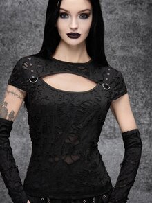 Cryptelle Women's Texture Distressed Knit T-Shirt Cut Out Tops Autumn/Winter Black Gothic Halloween Outfit Party Night - Black - View 3