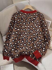 SHEIN LUNE Plus Leopard Pattern Contrast Trim Cardigan Winter - Multicolor - View 2