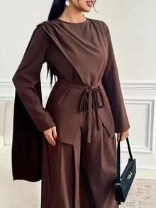 Veilorie Women's Solid Color Ribbon Design Long Sleeve Blouse And Wide Leg Pants Elegant Two Pieces Set - Coffee Brown - View 4