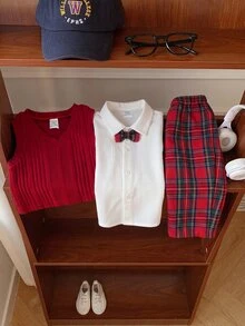 SHEIN Baby Boy Bowknot Decor Shirt, Ribbed Vest Jacket And Plaid Pants Set - Red - View 3