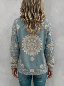 SHEIN LUNE Vintage Mandala Print Round Neck Sweater Women, Gray Blue Loose Drop Shoulder Pullover Knit Plus Size Top - Blue - View 2