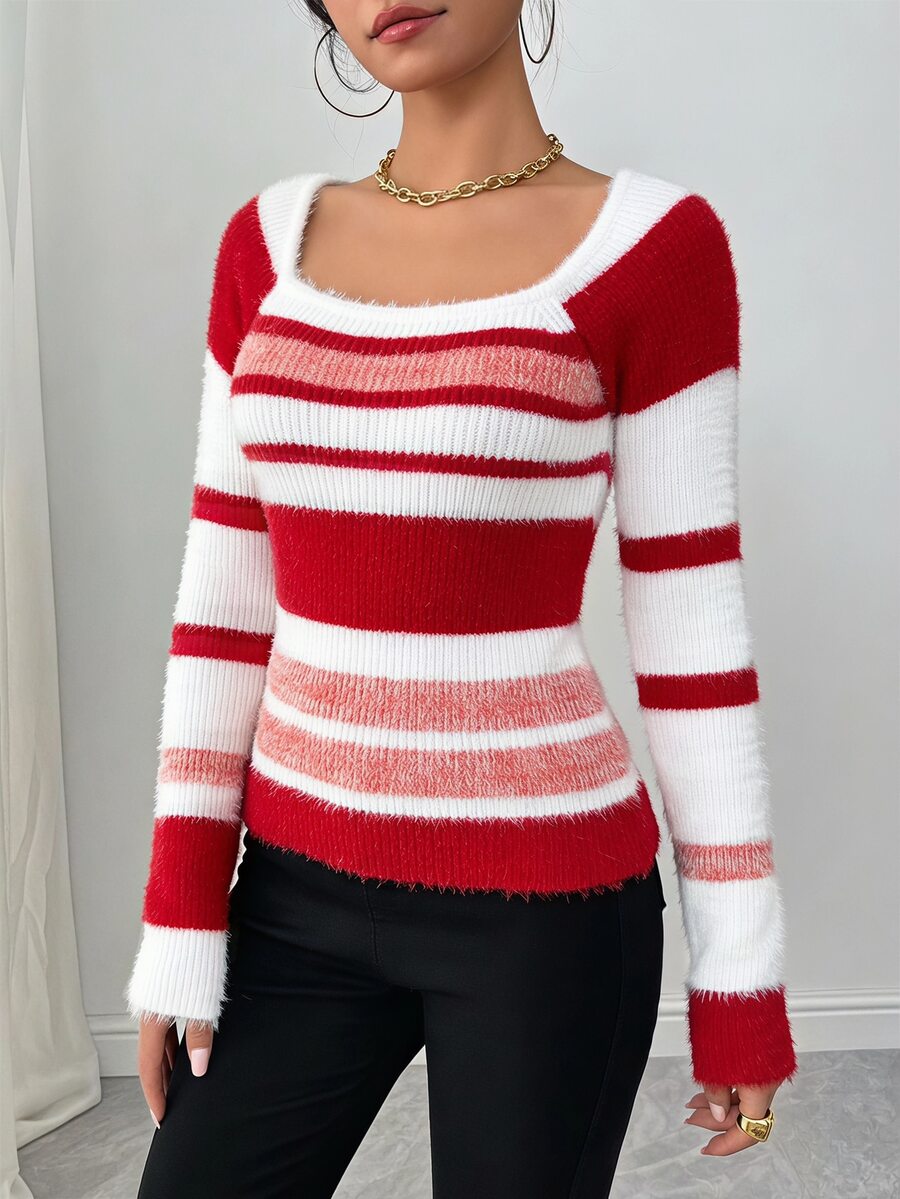 Sprig & Strand Women Striped Minimalist Pullover Sweater, Casual Daily Wear, Long Sleeve Top Knit Pullover Fall Winter - Multicolor - View 1
