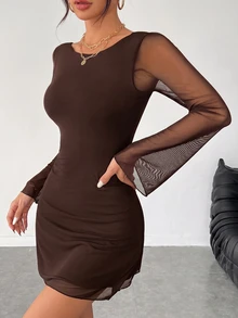 SHEIN PETITE 女款黑色新款性感露背長喇叭袖網紗洋裝，早秋陽光裙，適合嬌小女性夜晚外出約會穿著 - 巧克力棕 - 查看 5