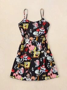 SpongeBob SquarePants | SHEIN Plus Size Women's SpongeBob Cartoon Character Black Spaghetti Strap Nightgown - Black - View 1
