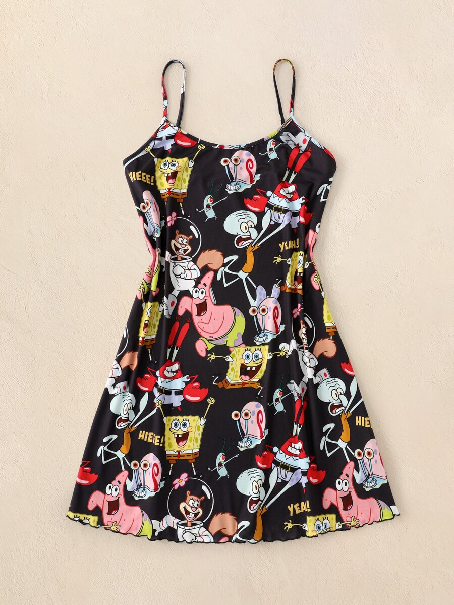 SpongeBob SquarePants | SHEIN Plus Size Women's SpongeBob Cartoon Character Black Spaghetti Strap Nightgown - Black - View 1