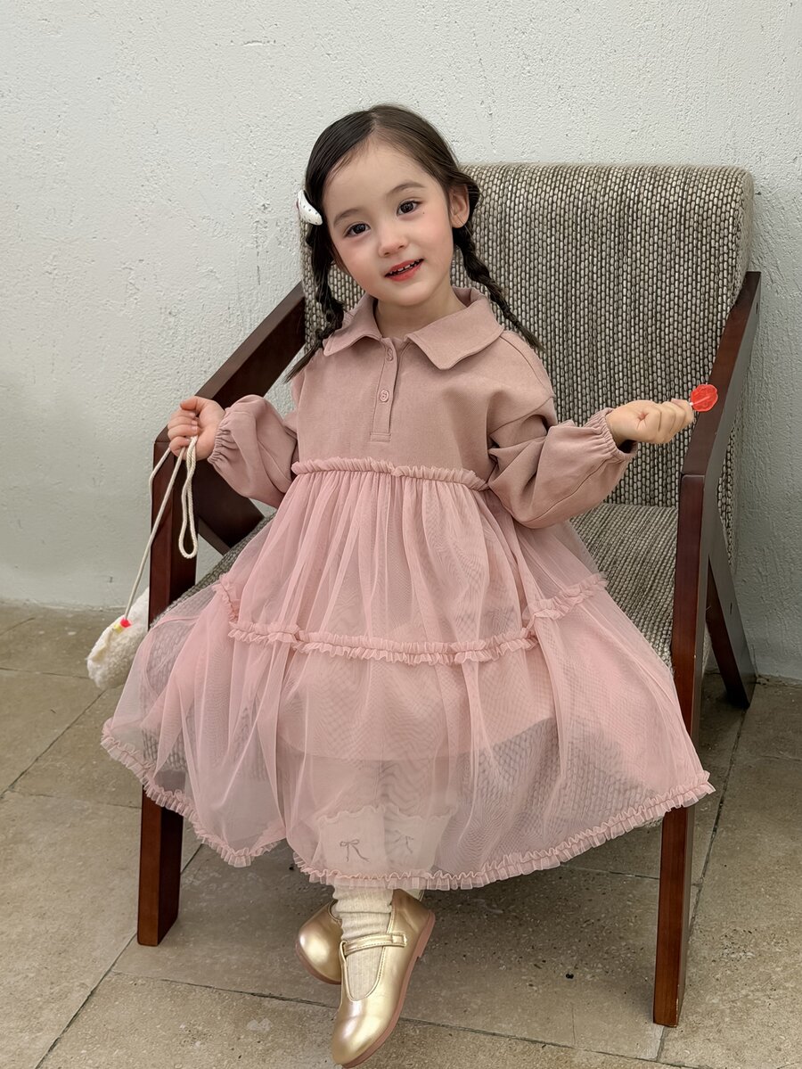 DAZY Gaun Bayi/Balita (Perempuan) Lengan Panjang dengan Kerah Jala dan Motif Patchwork Gaya Korea Musim Gugur/Dingin - Berwarna merah muda - View 1