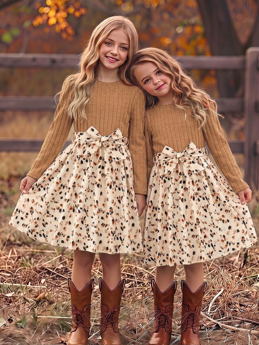 SHEIN Vintaside Kids 少女時尚圓領長袖拼接印花拼色洋裝,秋季洋裝,優雅、派對、日常、休閒、舒適 - 杏色 - 查看 1
