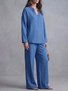 New Fashion Casual Retro Blue Basic Style Small Stand V-Neck Design With Button, Long Sleeve Matching Wide Leg Pants Set. Women's 2 Pieces Set - Blue - View 4