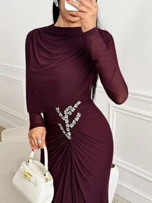 Veilorie Women's Pleated Mesh Patchwork Elegant Cinched Waist Party Dress - Burgundy - View 7