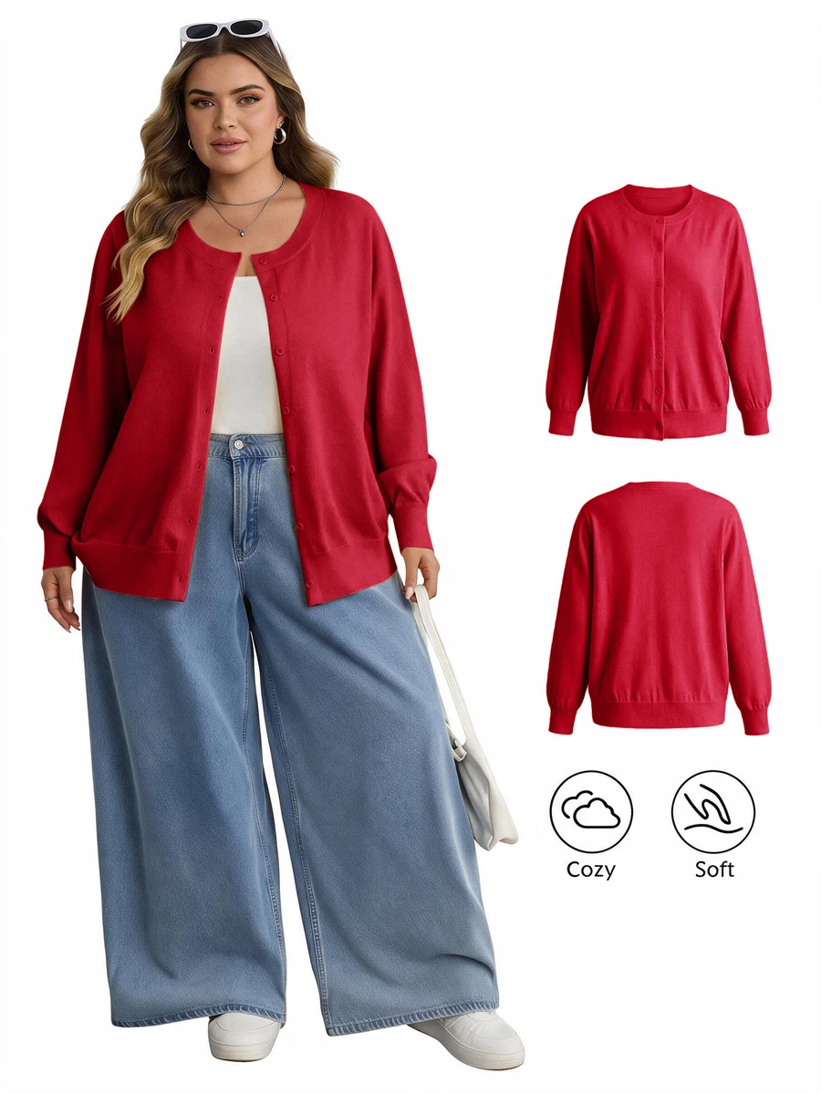SHEIN CURVE+ 大尺碼女款休閒純色圓領長袖寬鬆剪裁冬季上衣 - 紅色 - 查看 1