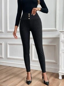 SHEIN Clasi 女款高腰休閒百搭日常穿著長褲 - 黑色 - 查看 4