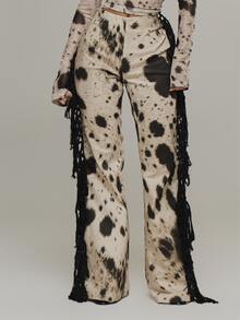 MUSERA Cow Print Denim Fringe Low Rise Flare Pants Autumn Winter Fall Camo Everyday Date Night Going Out - Multicolor - View 2