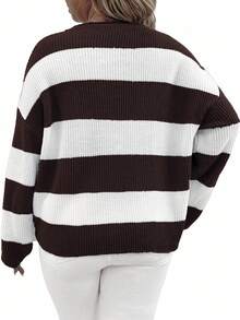 EMERY ROSE Plus Size Women Spring And Autumn Loose Round Neck Drop-Shoulder Long Sleeve Striped Casual Pullover Sweater, Winter Knit Pullover Fall - Coffee Brown - View 2