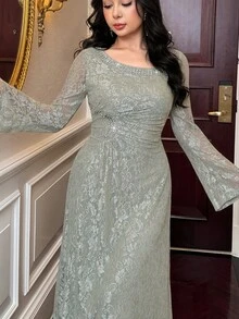Feyla New Design Asymmetrical Collar High-End Exquisite Rhinestone Embellished Waist-Cinching Slimming Elegant Lace Party Dress - Gray green - View 5