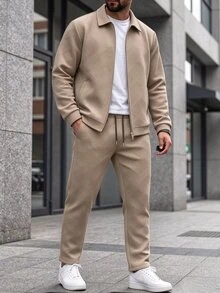 Manfinity Homme 男士純色拉鍊夾克與抽繩長褲套裝，黑色秋季休閒商務度假通勤穿搭，深色學院風運動休閒套裝 - 卡其色 - 查看 5
