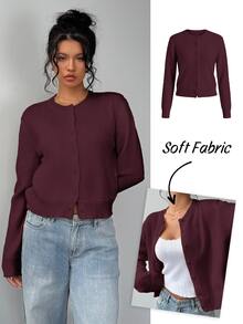 SHEIN Tall CURVE 大尺碼休閒柔軟修身常規版純色圓領長袖寬鬆短版女款軟黃色針織開襟衫 秋冬春季辦公通勤 - 乾枯玫瑰色 - 查看 8