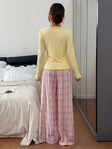 DAZY 2pcs/Set Women's Slim Fit Solid Long Sleeve T-Shirt & Plaid Straight Leg Long Pajama Pants Sleepwear Set - Yellow - View 2