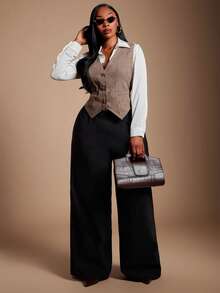 Radiana Plus Button Front Vest Blazer Without Blouse - Brown - View 3