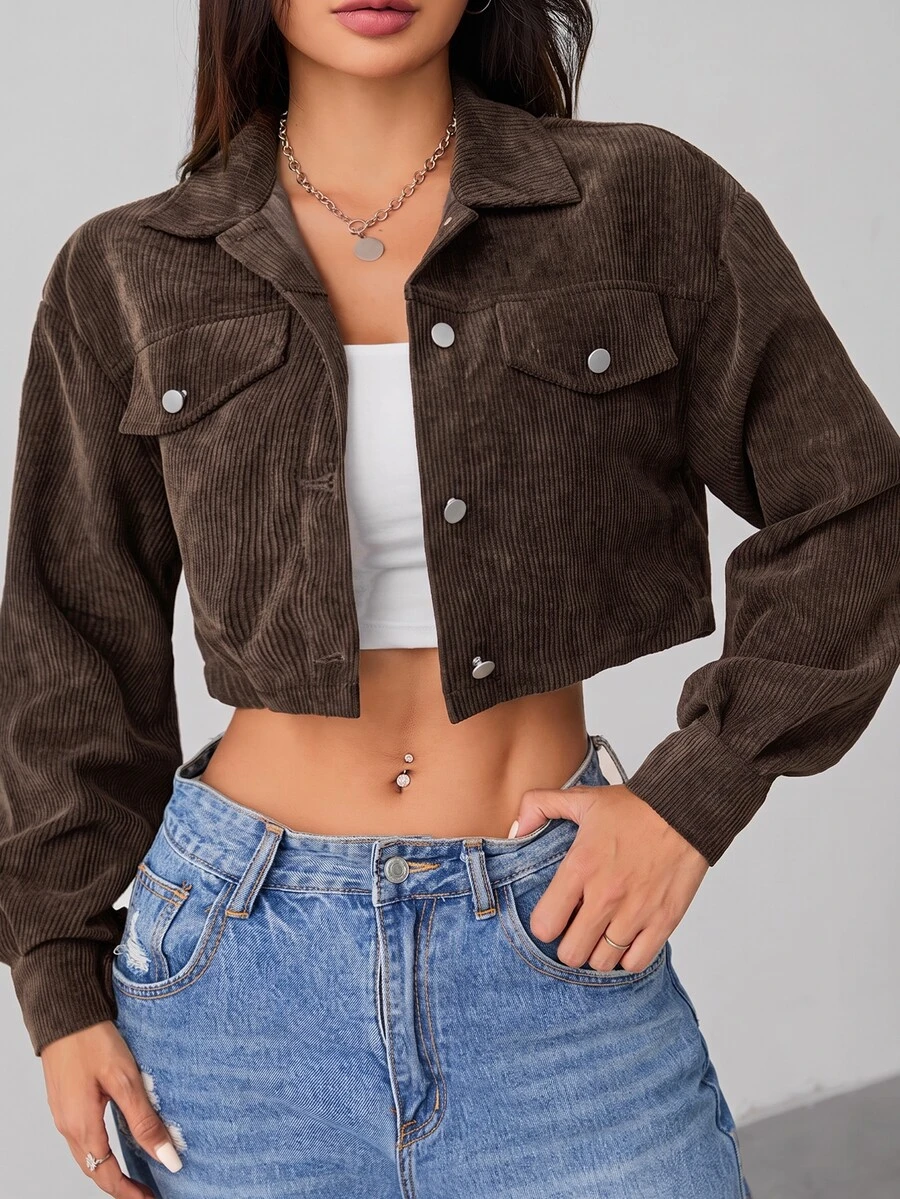 SHEIN PETITE 秋季女裝落肩翻蓋設計短版燈芯絨黑色夾克,適合嬌小女款,返校、上班、旅行、日常穿著、街頭休閒風 - 咖啡棕 - 查看 1