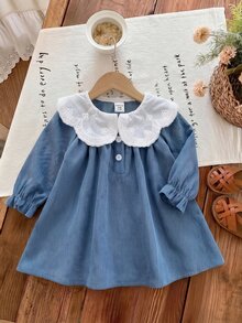 SHEIN Newborn Baby Peter Collar Ruffle Casual Daily Summer Dress - Blue - View 6