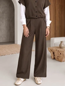 Rue Lumi Flap Detail Batwing Sleeve Shirt & Wide Leg Pants Without Blouse - Brown - View 7
