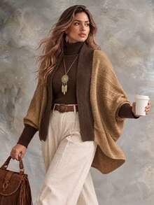 Ceyna Plus Size Women's Fashion New Textured Pattern Batwing Sleeve Khaki & Coffee Color Contrast Knit Cardigan Sweater, Autumn/Winter Casual Everyday Outerwear - Multicolor - View 6
