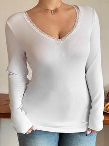 Livesso Contrast Lace V-Neck Simple Fitted Long Sleeve T-Shirt - Beige - View 9