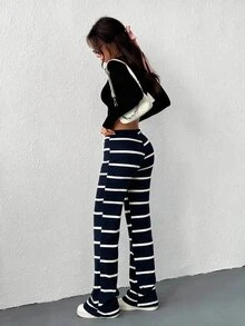SHEIN EZwear 女款休閒街頭風羅紋抽繩腰長褲，春秋居家日常穿著，黑白羅紋格紋 - 寶藍色 - 查看 3
